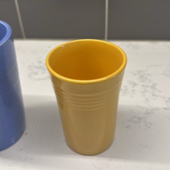 Blue Hazel Atlas Juice Glasses Blue and Yellow Ceramic Tumblers - Picture 3 of 5